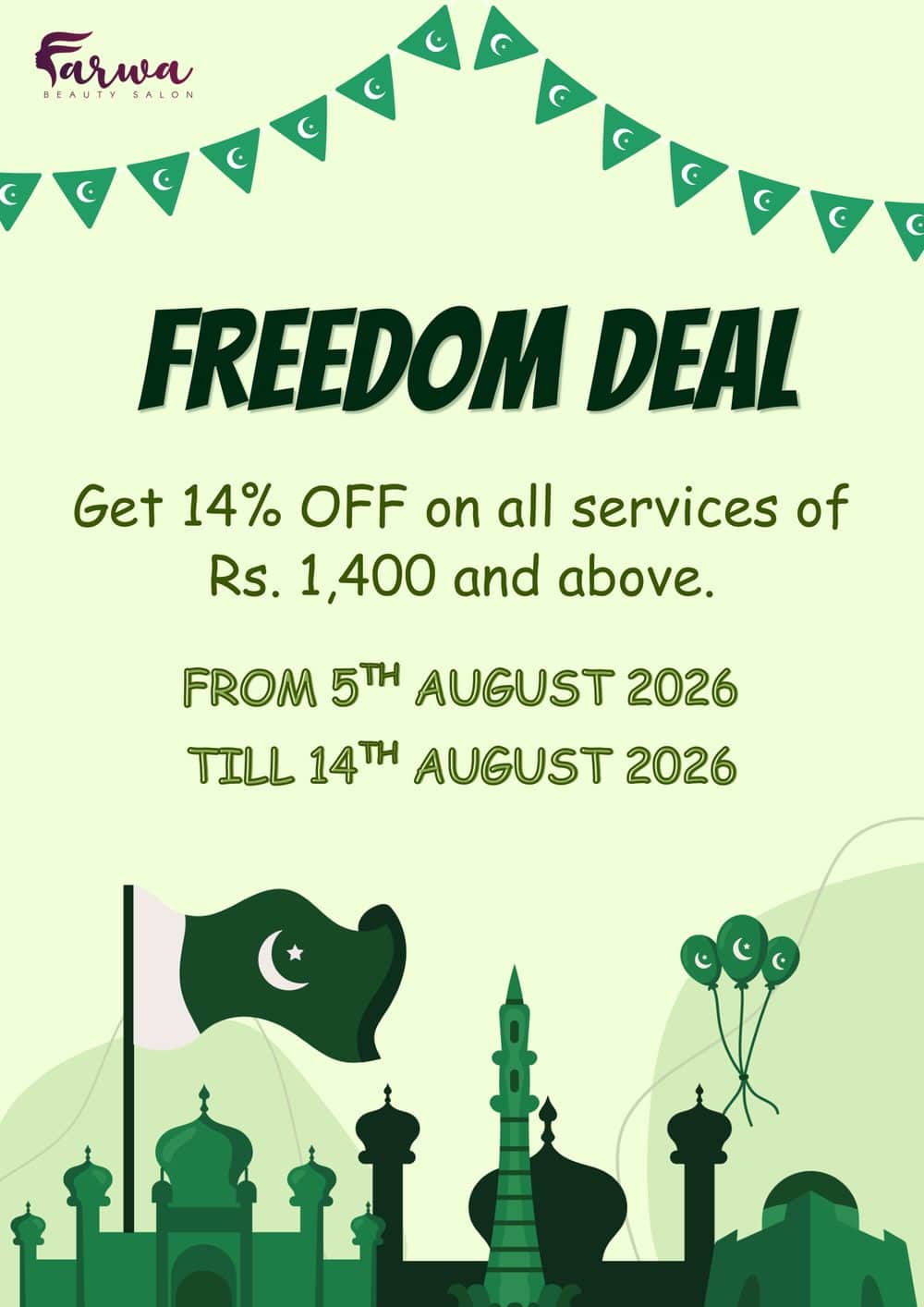 Farwa Beauty Salon Freedom Deal — 14% off when your visit totals Rs 1,400 or more, 5 to 14 August 2026