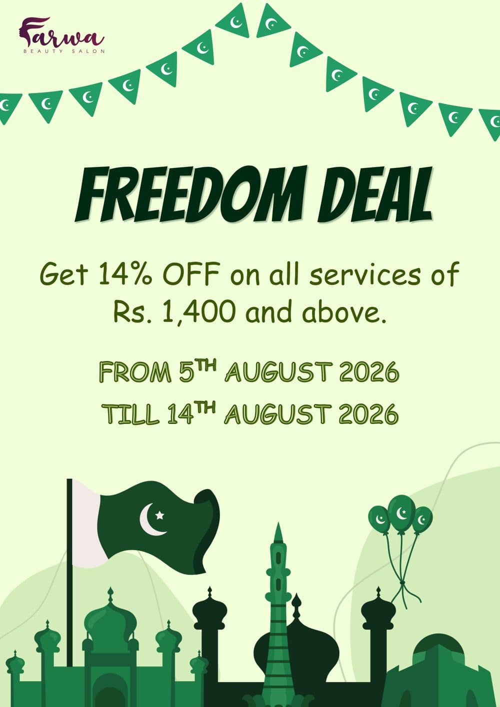 Farwa Beauty Salon Freedom Deal — 14% off when your visit totals Rs 1,400 or more, 5 to 14 August 2026